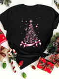 Graphic Tees Women Sparkling Pink Glittering Christmas Tree With Shining Stars And Ribbon Tree, Cotton Shirts For Women, Women Tshirts