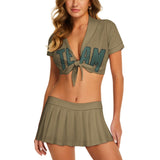 Custom Light Khaki Blue Green Cheerleading Uniform Set