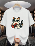 Men's T-Shirt Cool Cat With Sunglasses Playing Electric Guitar In Cartoon Style Cat