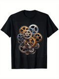 Men's T-Shirt Steampunk Brass And Silver Gears Clustered On Black T Shirt Mechanical Cogs