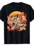 Men's T-Shirt Fiery Sunset With Roaring Tiger Surrounded By Autumn Leaves