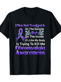 Men's T-Shirt Purple Ribbon Flowers With Fibromyalgia Awareness On Black Shirt