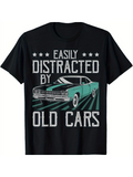 Men's T-Shirt Easily Distracted By Classic Retro Stars With Vintage Blue Car