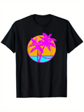Men's T-Shirt Vivid Sunset Circle Featuring Neon Palm Trees Under Blue Sky