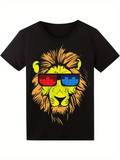 Men's T-Shirt Colorful Neon Sunglasses With Music Vibes On Majestic Lion
