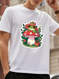 Men's T-Shirt Cute Green Frog Sitting On Red Mushroom Surrounded By Leaves And Flowers