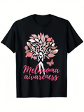 Men's T-Shirt Melanoma Awareness Pink Leaves And Ribbon Tree Graphic With Silhouette Under Blossoming Tree