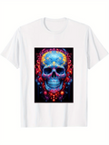 Men's T-Shirt Vivid Neon Abstract Patterns Glowing Around Mystical Human Skull