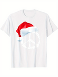 Men's T-Shirt Peace Symbol With Red Santa Hat On Festive White Shirt