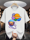 Men's T-Shirt Floating Space Adventure Balloons With Astronaut Puppy Under Planets