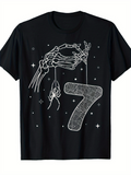 Men's T-Shirt Skeleton Hand Dangling Spider Under Cosmic Night With Number Seven