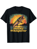Men's T-Shirt Sunrise Lake Reflections With Muskie Jumping Over Water Fish