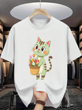 Men's T-Shirt Cute Green Striped Cat Holding Colorful Flower Basket