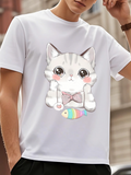 Men's T-Shirt Adorable Striped Kitten With Pink Cheeks Bowtie And Colorful Fish Cat