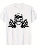 Men's T-Shirt Edgy Artistic Skull With Grunge Barbells Centered On Crisp White Shirt Skull