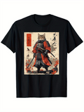 Men's T-Shirt Traditional Japanese Red Warrior Costume With Katana Sword Samurai Cat
