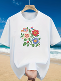 Men's T-Shirt Vibrant Blooming Spring Flowers With Green Leaves At Center Floral Pattern