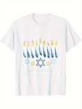 Men's T-Shirt Watercolor Candles Glowing Light With Torah Stars And Jewish Symbol Menorah