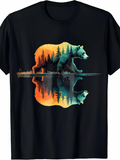 Men's T-Shirt Colorful Forest Sunset Reflected Lake With Majestic Walking Bear