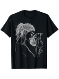 Men's T-Shirt Elegant White Line Art Woman With Adorable Bulldog Dog Portrait
