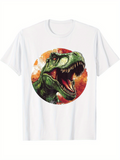 Men's T-Shirt Fiery Sunset Circle With Roaring Green Ferocious Dinosaur Head