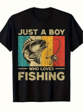 Men's T-Shirt Just A Boy Who Loves Fishing Vintage Stripes With Fishing Rod And Fish
