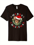 Men's T-Shirt Merry Christmas Festive Wreath With Santa Hat Wearing Funny Chihuahua Dog