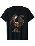 Men's T-Shirt Quirky Illustration Featuring Black Cat Riding Brave Rooster Among Feathers Chicken