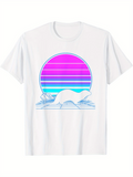 Men's T-Shirt Pastel Neon Sunset With Ocean Waves Framing Minimal Mountain Landscape