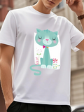Men's T-Shirt Playful Blue Cat With Bow Sitting Among Whimsical Flowers Cat