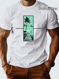 Men's T-Shirt Pure Cotton Serene Ocean Pier With Palm Trees And Distant Mountains