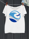 Men's T-Shirt Sweeping Blue Ocean Wave With Flying Jetliner In Circular Emblem