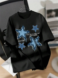 Men's T-Shirt Shining Blue Decorative Stars With Painted Lettering On Dark Fabric T Shirt