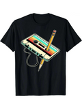 Men's T-Shirt Retro Rainbow Vintage Cassette With Yellow Wooden Pencil
