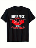Men's T-Shirt Never Puck With A Canadian Red Leaf Silhouette With Hockey Player Black Shirt