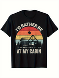 Men's T-Shirt Retro Sunset With Silhouetted Pine Trees Framing Wooden Lakeside Cabin