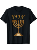Men's T-Shirt Golden Hebrew Lettering With Ancient Seven Branch Candelabrum Under Menorah