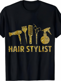 Men's T-Shirt Hair Stylist Gold Glitter Tools And Text On Black T Shirt