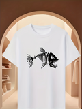 Men's T-Shirt Monochrome Bold Skeleton Outline Fierce Predatory River Fish