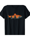 Men's T-Shirt Sunset Forest Landscape With Pine Trees And Majestic Fish Silhouette