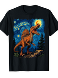 Men's T-Shirt Starry Night With Roaring Dinosaur Among Trees And Rocky Ground Dinosaur