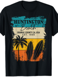 Men's T-Shirt Huntington Beach With Palm Trees Surfers And Vintage Sunset Surfboard