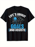 Men's T-Shirt Lifes About Goals And Assists With Blue Soccer Ball In Net
