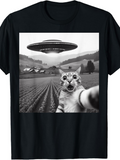Men's T-Shirt Black And White Farmland With Surprised Cat Taking Selfie Under UFO Spaceship