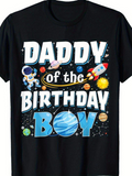 Men's T-Shirt Daddy Of The Birthday Boy Playful Cartoon Planets With Spaceships And Colorful Astronaut
