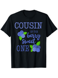 Men's T-Shirt Cousin Of The Berry Sweet One Blueberries With Green Leaves On Black Shirt