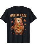 Men's T-Shirt Hello Fall Cheerful Bear With Autumn Leaves