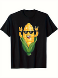 Men's T-Shirt Cartoon Happy Corn With Sunglasses Smiling Among Leafy Green Wrapping Corn