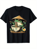 Men's T-Shirt Cartoon Frog With Bamboo Hat Enjoying Noodles And Boiled Egg Bowl