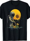 Men's T-Shirt Astronaut Standing Among Sunflowers Under Melting Yellow Sunflower Moon